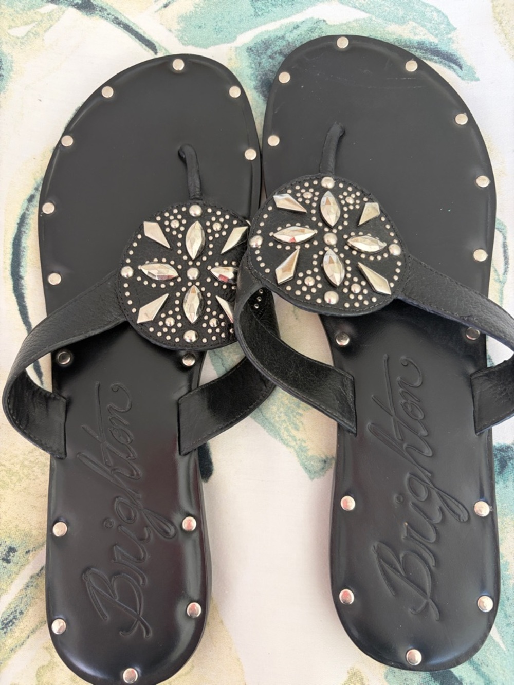 Brighton ALANIS Black Jeweled Leather Studded Thong Sandals